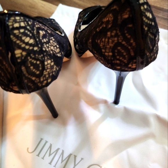 Jimmy Choo Black Luna Peep Toe Lace Pumps, Size 37 /US 7 Authentic - Picture 6 of 13